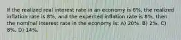 If the realized real interest rate in an economy is 6%, the realized inflation rate is 8%, and the expected inflation rate is 8%, then the nominal interest rate in the economy is: A) 20%. B) 2%. C) 8%. D) 14%.