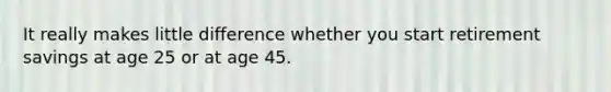 It really makes little difference whether you start retirement savings at age 25 or at age 45.