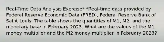 Real-Time Data Analysis​ Exercise* ​*Real-time data provided by Federal Reserve Economic Data​ (FRED), Federal Reserve Bank of Saint Louis. The table shows the quantities of​ M1, M2, and the monetary base in February 2023. What are the values of the M1 money multiplier and the M2 money multiplier in February 2023​?