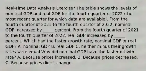 Real-Time Data Analysis​ Exercise* The table shows the levels of nominal GDP and real GDP for the fourth quarter of 2022 ​(the most recent quarter for which data are​ available). From the fourth quarter of 2021 to the fourth quarter of 2022​, nominal GDP increased by _____ percent. From the fourth quarter of 2021 to the fourth quarter of 2022​, real GDP increased by _____ percent. Which had the faster growth​ rate, nominal GDP or real​ GDP? A. nominal GDP B. real GDP C. neither minus their growth rates were equal Why did nominal GDP have the faster growth​ rate? A. Because prices increased. B. Because prices decreased. C. Because prices didn't change.