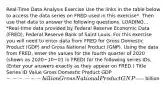 ​Real-Time Data Analysis Exercise Use the links in the table below to access the data series on FRED used in this​ exercise*. Then use that data to answer the following questions. LOADING... ​*Real-time data provided by Federal Reserve Economic Data​ (FRED), Federal Reserve Bank of Saint Louis. For this exercise you will need to enter data from FRED for Gross Domestic Product​ (GDP) and Gross National Product​ (GNP). Using the data from​ FRED, enter the values for the fourth quarter of 2020 ​(shown as 2020−10−01 in​ FRED) for the following series IDs. ​(Enter your answers exactly as they appear on FRED.​) Title Series ID Value Gross Domestic Product GDP ​------ billion Gross National Product GNP ​----- billion