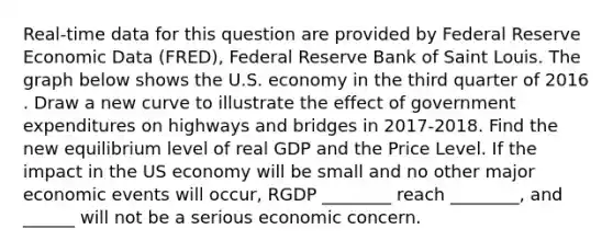 Real-time data for this question are provided by Federal Reserve Economic Data​ (FRED), Federal Reserve Bank of Saint Louis. The graph below shows the U.S. economy in the third quarter of 2016​. Draw a new curve to illustrate the effect of government expenditures on highways and bridges in 2017-2018. Find the new equilibrium level of real GDP and the Price Level. If the impact in the US economy will be small and no other major economic events will occur, RGDP ________ reach ________, and ______ will not be a serious economic concern.