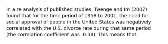 In a re-analysis of published studies, Twenge and Im (2007) found that for the time period of 1958 to 2001, the need for social approval of people in the United States was negatively correlated with the U.S. divorce rate during that same period (the correlation coefficient was -0.38). This means that: