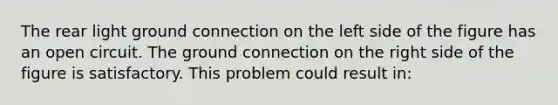 The rear light ground connection on the left side of the figure has an open circuit. The ground connection on the right side of the figure is satisfactory. This problem could result in: