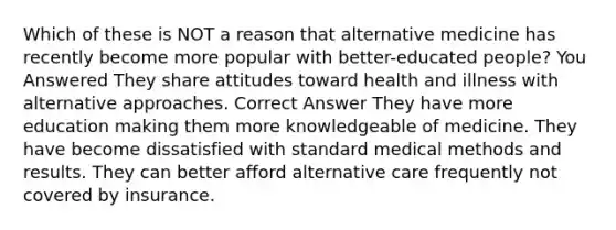 Which of these is NOT a reason that alternative medicine has recently become more popular with better-educated people?​ You Answered ​They share attitudes toward health and illness with alternative approaches. Correct Answer ​They have more education making them more knowledgeable of medicine. ​They have become dissatisfied with standard medical methods and results. ​They can better afford alternative care frequently not covered by insurance.