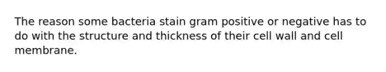 The reason some bacteria stain gram positive or negative has to do with the structure and thickness of their cell wall and cell membrane.