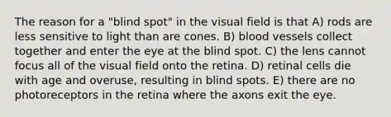 The reason for a "blind spot" in the visual field is that A) rods are less sensitive to light than are cones. B) blood vessels collect together and enter the eye at the blind spot. C) the lens cannot focus all of the visual field onto the retina. D) retinal cells die with age and overuse, resulting in blind spots. E) there are no photoreceptors in the retina where the axons exit the eye.