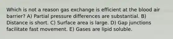 Which is not a reason gas exchange is efficient at the blood air barrier? A) Partial pressure differences are substantial. B) Distance is short. C) Surface area is large. D) Gap junctions facilitate fast movement. E) Gases are lipid soluble.