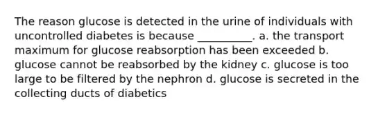 The reason glucose is detected in the urine of individuals with uncontrolled diabetes is because __________. a. the transport maximum for glucose reabsorption has been exceeded b. glucose cannot be reabsorbed by the kidney c. glucose is too large to be filtered by the nephron d. glucose is secreted in the collecting ducts of diabetics