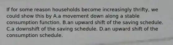 If for some reason households become increasingly thrifty, we could show this by A.a movement down along a stable consumption function. B.an upward shift of the saving schedule. C.a downshift of the saving schedule. D.an upward shift of the consumption schedule.