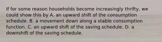 If for some reason households become increasingly thrifty, we could show this by A. an upward shift of the consumption schedule. B. a movement down along a stable consumption function. C. an upward shift of the saving schedule. D. a downshift of the saving schedule.