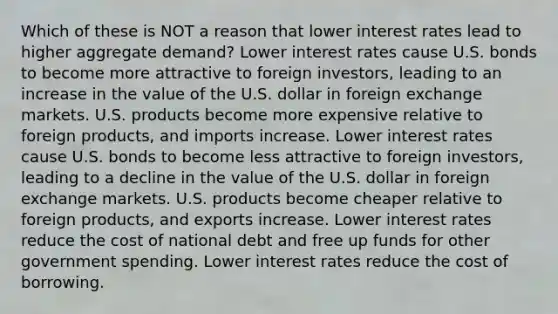 Which of these is NOT a reason that lower interest rates lead to higher aggregate demand? Lower interest rates cause U.S. bonds to become more attractive to foreign investors, leading to an increase in the value of the U.S. dollar in foreign exchange markets. U.S. products become more expensive relative to foreign products, and imports increase. Lower interest rates cause U.S. bonds to become less attractive to foreign investors, leading to a decline in the value of the U.S. dollar in foreign exchange markets. U.S. products become cheaper relative to foreign products, and exports increase. Lower interest rates reduce the cost of national debt and free up funds for other government spending. Lower interest rates reduce the cost of borrowing.