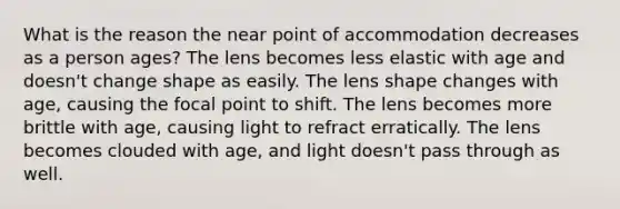 What is the reason the near point of accommodation decreases as a person ages? The lens becomes less elastic with age and doesn't change shape as easily. The lens shape changes with age, causing the focal point to shift. The lens becomes more brittle with age, causing light to refract erratically. The lens becomes clouded with age, and light doesn't pass through as well.