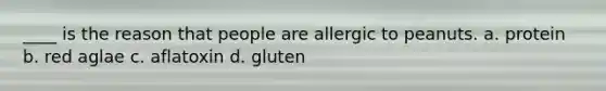 ____ is the reason that people are allergic to peanuts. a. protein b. red aglae c. aflatoxin d. gluten