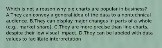 Which is not a reason why pie charts are popular in business? A.They can convey a general idea of the data to a nontechnical audience. B.They can display major changes in parts of a whole (e.g., market share). C.They are more precise than line charts, despite their low visual impact. D.They can be labeled with data values to facilitate interpretation