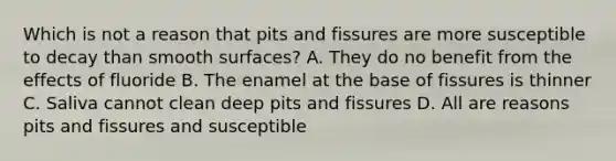 Which is not a reason that pits and fissures are more susceptible to decay than smooth surfaces? A. They do no benefit from the effects of fluoride B. The enamel at the base of fissures is thinner C. Saliva cannot clean deep pits and fissures D. All are reasons pits and fissures and susceptible