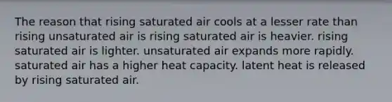 The reason that rising saturated air cools at a lesser rate than rising unsaturated air is rising saturated air is heavier. rising saturated air is lighter. unsaturated air expands more rapidly. saturated air has a higher heat capacity. latent heat is released by rising saturated air.