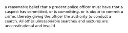 a reasonable belief that a prudent police officer must have that a suspect has committed, or is committing, or is about to commit a crime, thereby giving the officer the authority to conduct a search. All other unreasonable searches and seizures are unconstitutional and invalid.