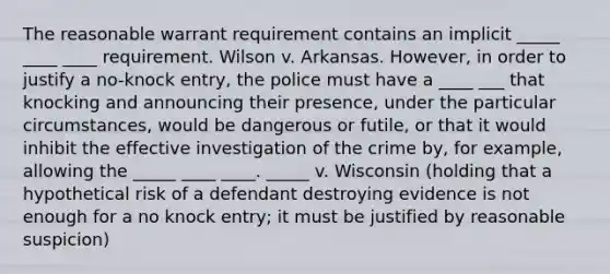 The reasonable warrant requirement contains an implicit _____ ____ ____ requirement. Wilson v. Arkansas. However, in order to justify a no-knock entry, the police must have a ____ ___ that knocking and announcing their presence, under the particular circumstances, would be dangerous or futile, or that it would inhibit the effective investigation of the crime by, for example, allowing the _____ ____ ____. _____ v. Wisconsin (holding that a hypothetical risk of a defendant destroying evidence is not enough for a no knock entry; it must be justified by reasonable suspicion)