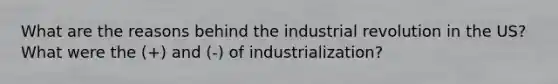 What are the reasons behind the industrial revolution in the US? What were the (+) and (-) of industrialization?