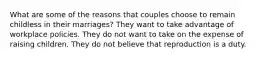 What are some of the reasons that couples choose to remain childless in their marriages? They want to take advantage of workplace policies. They do not want to take on the expense of raising children. They do not believe that reproduction is a duty.