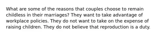 What are some of the reasons that couples choose to remain childless in their marriages? They want to take advantage of workplace policies. They do not want to take on the expense of raising children. They do not believe that reproduction is a duty.