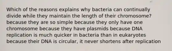 Which of the reasons explains why bacteria can continually divide while they maintain the length of their chromosome? because they are so simple because they only have one chromosome because they have plasmids because <a href='https://www.questionai.com/knowledge/kofV2VQU2J-dna-replication' class='anchor-knowledge'>dna replication</a> is much quicker in bacteria than in eukaryotes because their DNA is circular, it never shortens after replication