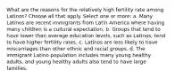 What are the reasons for the relatively high fertility rate among Latinos? Choose all that apply. Select one or more: a. Many Latinos are recent immigrants from Latin America where having many children is a cultural expectation. b. Groups that tend to have lower than average education levels, such as Latinos, tend to have higher fertility rates. c. Latinos are less likely to have miscarriages than other ethnic and racial groups. d. The immigrant Latino population includes many young healthy adults, and young healthy adults also tend to have large families.