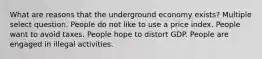 What are reasons that the underground economy exists? Multiple select question. People do not like to use a price index. People want to avoid taxes. People hope to distort GDP. People are engaged in illegal activities.