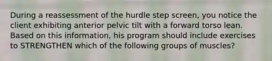 During a reassessment of the hurdle step screen, you notice the client exhibiting anterior pelvic tilt with a forward torso lean. Based on this information, his program should include exercises to STRENGTHEN which of the following groups of muscles?