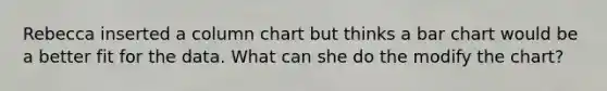 Rebecca inserted a column chart but thinks a bar chart would be a better fit for the data. What can she do the modify the chart?