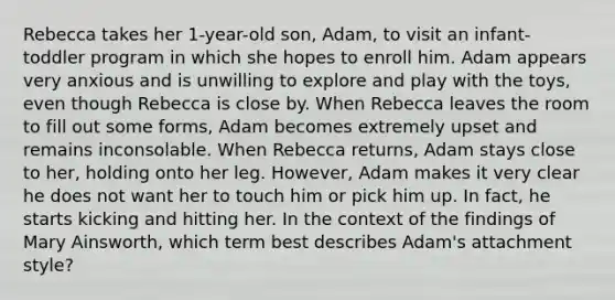 Rebecca takes her 1-year-old son, Adam, to visit an infant-toddler program in which she hopes to enroll him. Adam appears very anxious and is unwilling to explore and play with the toys, even though Rebecca is close by. When Rebecca leaves the room to fill out some forms, Adam becomes extremely upset and remains inconsolable. When Rebecca returns, Adam stays close to her, holding onto her leg. However, Adam makes it very clear he does not want her to touch him or pick him up. In fact, he starts kicking and hitting her. In the context of the findings of Mary Ainsworth, which term best describes Adam's attachment style?