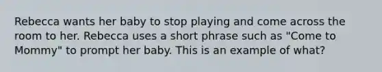 Rebecca wants her baby to stop playing and come across the room to her. Rebecca uses a short phrase such as "Come to Mommy" to prompt her baby. This is an example of what?