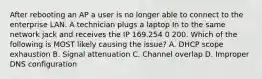 After rebooting an AP a user is no longer able to connect to the enterprise LAN. A technician plugs a laptop In to the same network jack and receives the IP 169.254 0 200. Which of the following is MOST likely causing the issue? A. DHCP scope exhaustion B. Signal attenuation C. Channel overlap D. Improper DNS configuration