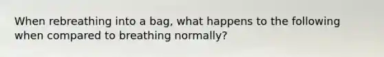 When rebreathing into a bag, what happens to the following when compared to breathing normally?