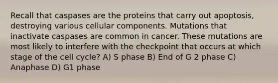 Recall that caspases are the proteins that carry out apoptosis, destroying various cellular components. Mutations that inactivate caspases are common in cancer. These mutations are most likely to interfere with the checkpoint that occurs at which stage of the cell cycle? A) S phase B) End of G 2 phase C) Anaphase D) G1 phase