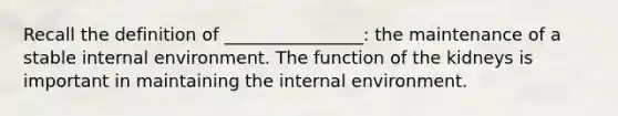 Recall the definition of ________________: the maintenance of a stable internal environment. The function of the kidneys is important in maintaining the internal environment.