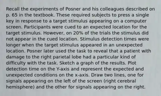 Recall the experiments of Posner and his colleagues described on p. 65 in the textbook. These required subjects to press a single key in response to a target stimulus appearing on a computer screen. Participants were cued to an expected location for the target stimulus. However, on 20% of the trials the stimulus did not appear in the cued location. Stimulus detection times were longer when the target stimulus appeared in an unexpected location. Posner later used the task to reveal that a patient with damage to the right parietal lobe had a particular kind of difficulty with the task. Sketch a graph of the results. Plot detection time on the Y-axis and represent the expected and unexpected conditions on the x-axis. Draw two lines, one for signals appearing on the left of the screen (right cerebral hemisphere) and the other for signals appearing on the right.