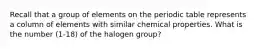 Recall that a group of elements on the periodic table represents a column of elements with similar chemical properties. What is the number (1-18) of the halogen group?