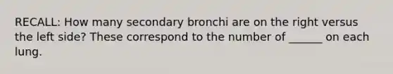 RECALL: How many secondary bronchi are on the right versus the left side? These correspond to the number of ______ on each lung.