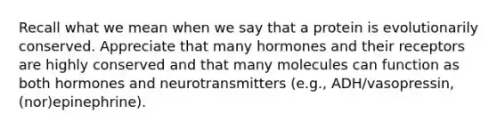 Recall what we mean when we say that a protein is evolutionarily conserved. Appreciate that many hormones and their receptors are highly conserved and that many molecules can function as both hormones and neurotransmitters (e.g., ADH/vasopressin, (nor)epinephrine).