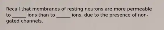 Recall that membranes of resting neurons are more permeable to ______ ions than to ______ ions, due to the presence of non-gated channels.