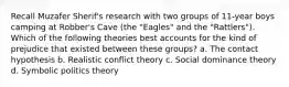 Recall Muzafer Sherif's research with two groups of 11-year boys camping at Robber's Cave (the "Eagles" and the "Rattlers"). Which of the following theories best accounts for the kind of prejudice that existed between these groups?​ a. ​The contact hypothesis b. ​Realistic conflict theory c. ​Social dominance theory d. ​Symbolic politics theory