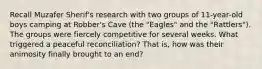 Recall Muzafer Sherif's research with two groups of 11-year-old boys camping at Robber's Cave (the "Eagles" and the "Rattlers"). The groups were fiercely competitive for several weeks. What triggered a peaceful reconciliation? That is, how was their animosity finally brought to an end?