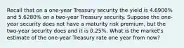 Recall that on a one-year Treasury security the yield is 4.6900% and 5.6280% on a two-year Treasury security. Suppose the one-year security does not have a maturity risk premium, but the two-year security does and it is 0.25%. What is the market's estimate of the one-year Treasury rate one year from now?