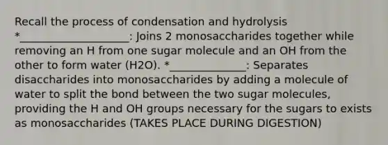 Recall the process of condensation and hydrolysis *____________________: Joins 2 monosaccharides together while removing an H from one sugar molecule and an OH from the other to form water (H2O). *______________: Separates disaccharides into monosaccharides by adding a molecule of water to split the bond between the two sugar molecules, providing the H and OH groups necessary for the sugars to exists as monosaccharides (TAKES PLACE DURING DIGESTION)