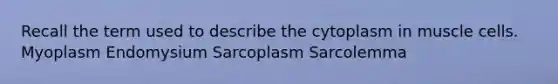 Recall the term used to describe the cytoplasm in muscle cells. Myoplasm Endomysium Sarcoplasm Sarcolemma