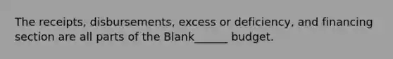 The receipts, disbursements, excess or deficiency, and financing section are all parts of the Blank______ budget.