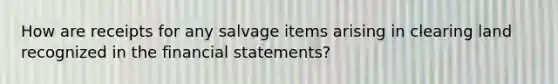 How are receipts for any salvage items arising in clearing land recognized in the financial statements?