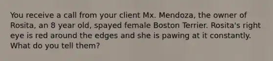 You receive a call from your client Mx. Mendoza, the owner of Rosita, an 8 year old, spayed female Boston Terrier. Rosita's right eye is red around the edges and she is pawing at it constantly. What do you tell them?